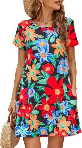 Halife Womens Summer Casual Tshirt Dress Loose Lace Hem Short Sleeve Beach Sundresses with Pockets