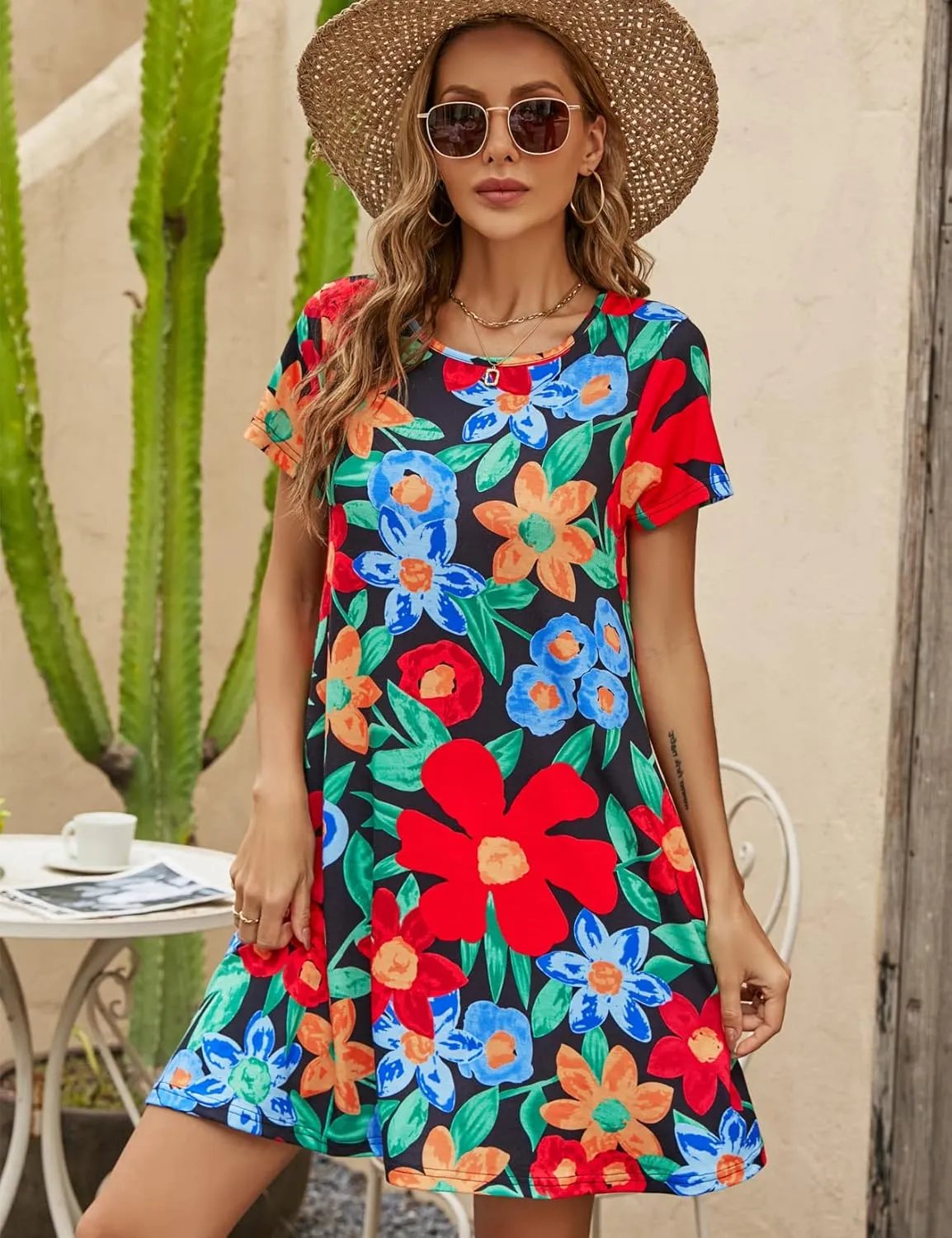 Halife Womens Summer Casual Tshirt Dress Loose Lace Hem Short Sleeve Beach Sundresses with Pockets