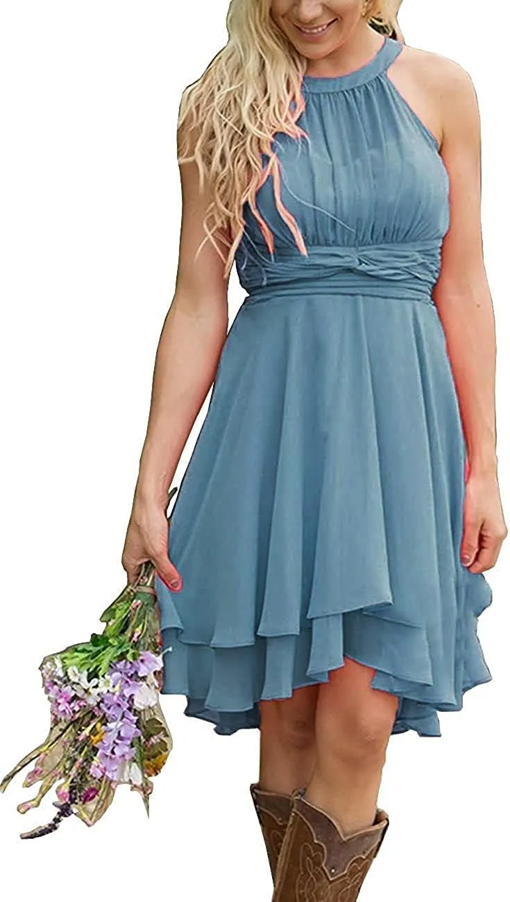 Halter Short Bridesmaid Dresses 2024 Western Wedding Guest Dresses A Line Ruffle Pleated Summer Formal Party Dresses