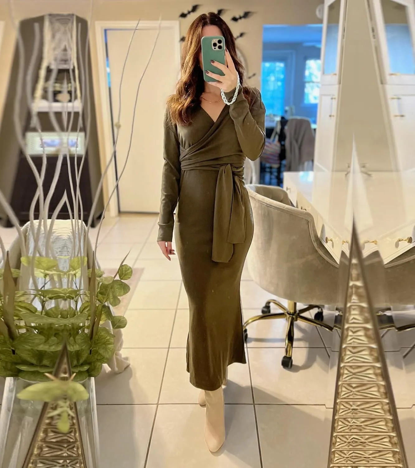 Happy Sailed Womens Knit Dress Spring Long Sleeve Wrap V Neck Tie Waist Ribbed Sweater Dresses