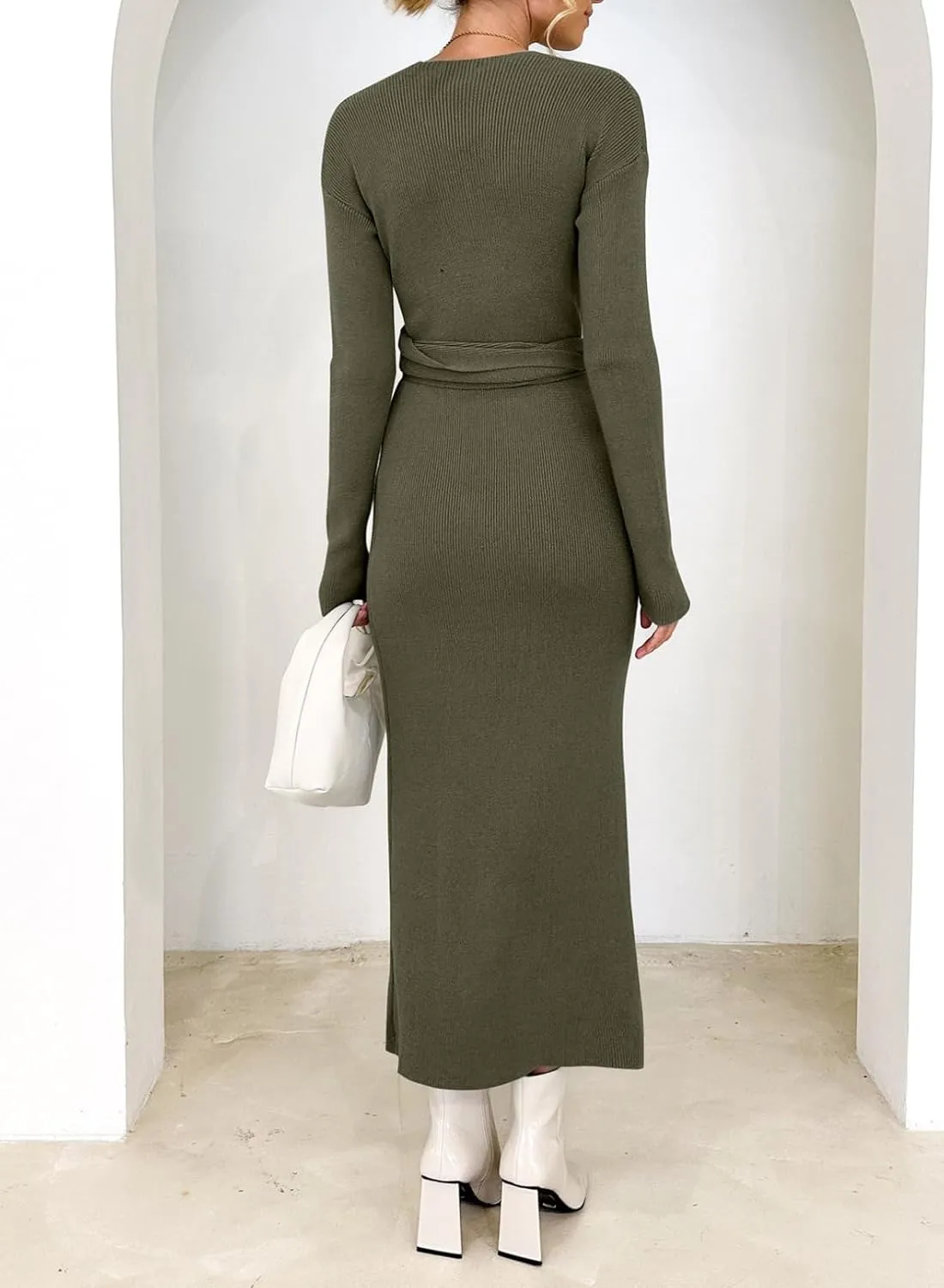 Happy Sailed Womens Knit Dress Spring Long Sleeve Wrap V Neck Tie Waist Ribbed Sweater Dresses