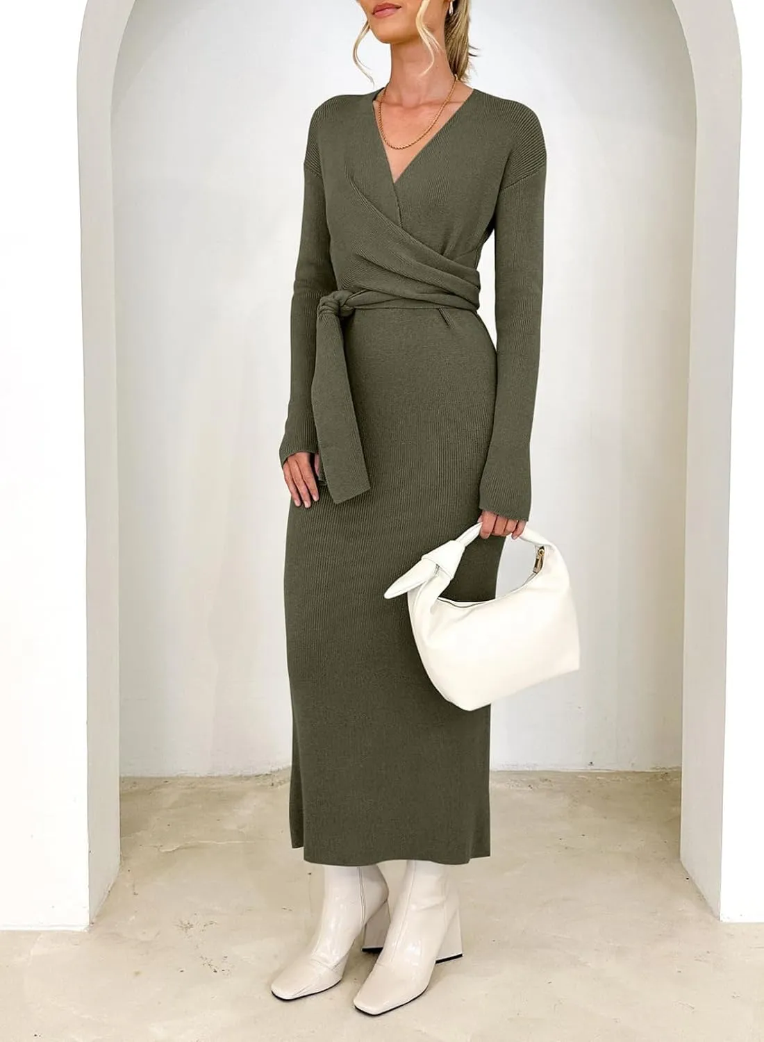 Happy Sailed Womens Knit Dress Spring Long Sleeve Wrap V Neck Tie Waist Ribbed Sweater Dresses