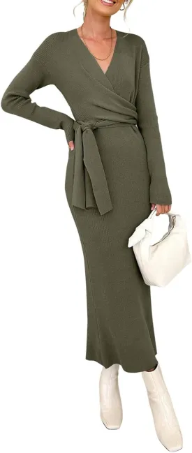 Happy Sailed Womens Knit Dress Spring Long Sleeve Wrap V Neck Tie Waist Ribbed Sweater Dresses