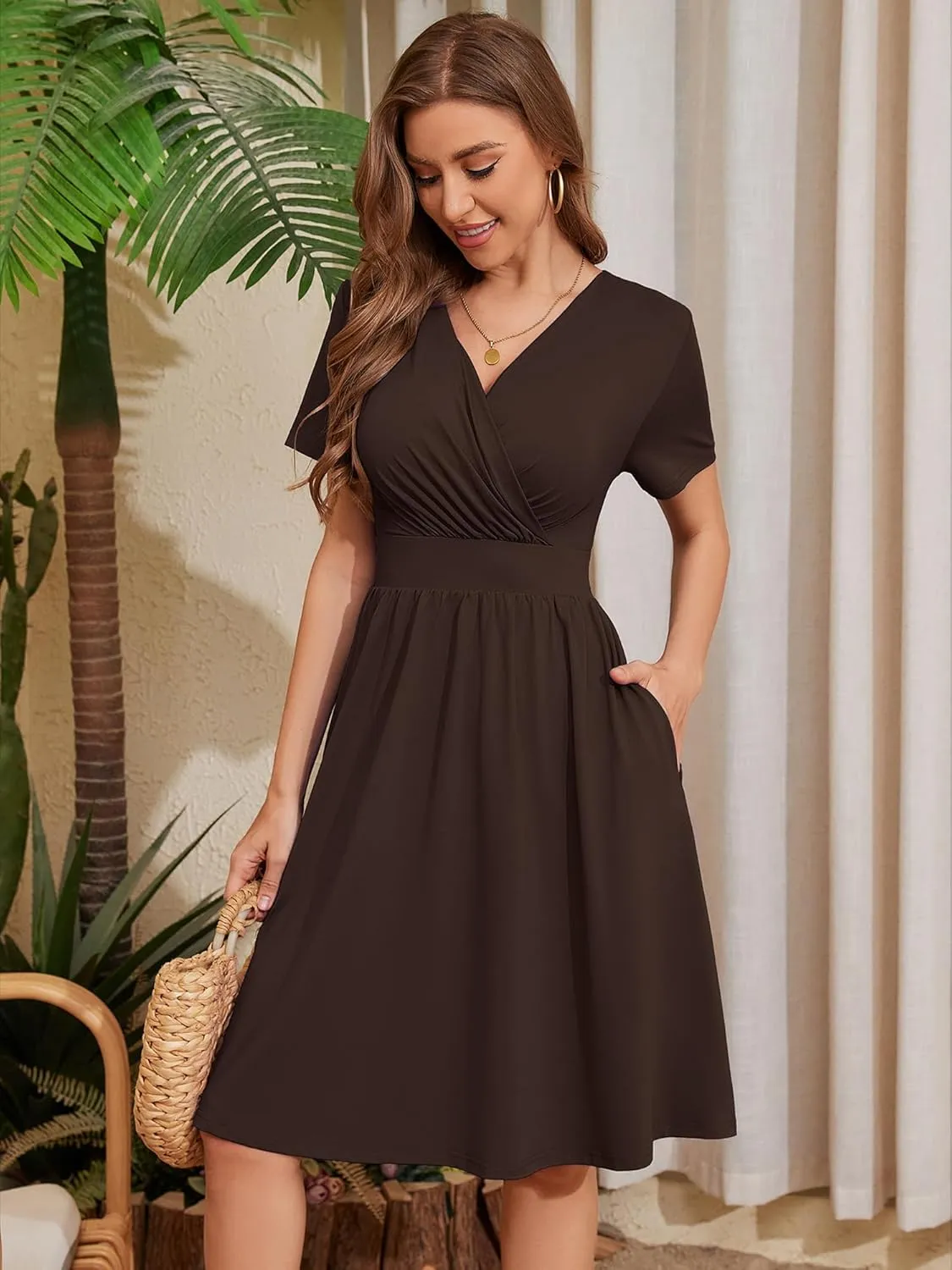 Heymoments Womens Summer Short Sleeve Casual Dresses V-Neck Midi Dress with Pockets S-2XL