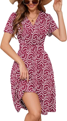 Heymoments Womens Summer Short Sleeve Casual Dresses V-Neck Midi Dress with Pockets S-2XL
