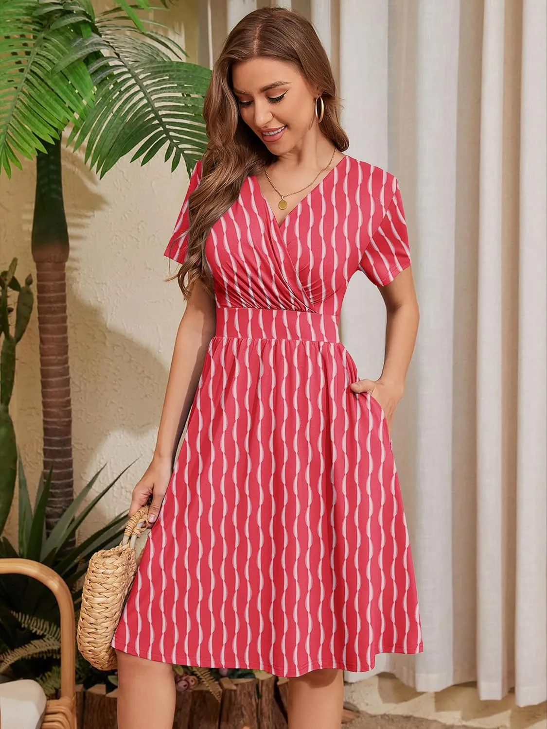 Heymoments Womens Summer Short Sleeve Casual Dresses V-Neck Midi Dress with Pockets S-2XL