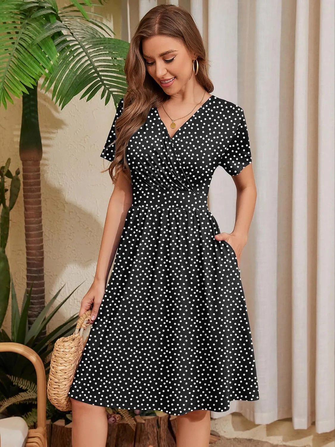Heymoments Womens Summer Short Sleeve Casual Dresses V-Neck Midi Dress with Pockets S-2XL