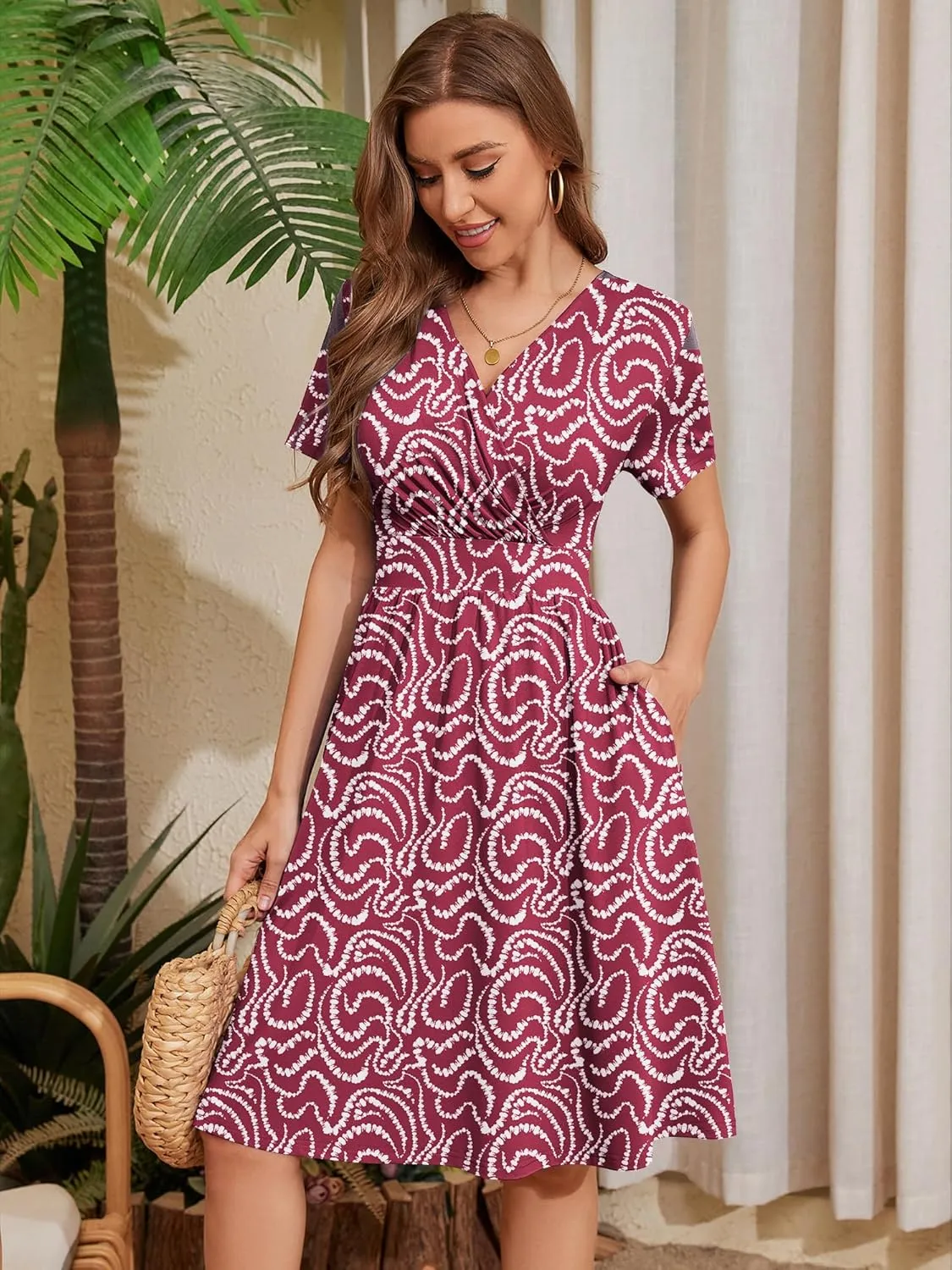 Heymoments Womens Summer Short Sleeve Casual Dresses V-Neck Midi Dress with Pockets S-2XL