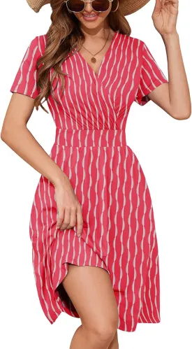 Heymoments Womens Summer Short Sleeve Casual Dresses V-Neck Midi Dress with Pockets S-2XL