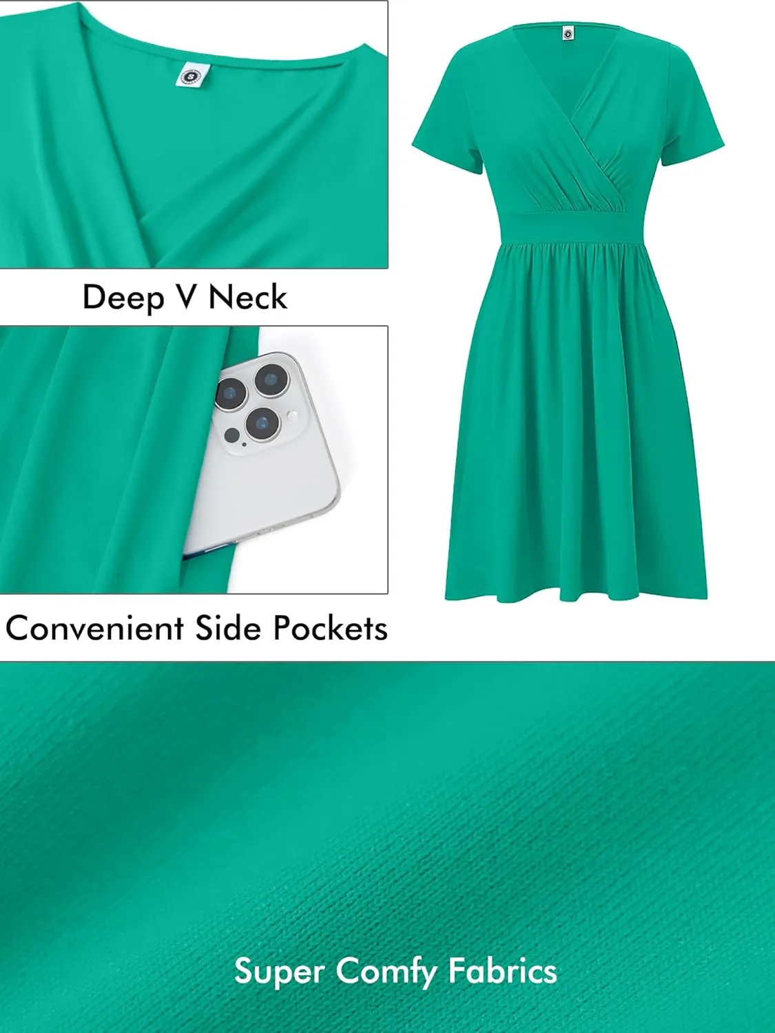 Heymoments Womens Summer Short Sleeve Casual Dresses V-Neck Midi Dress with Pockets S-2XL