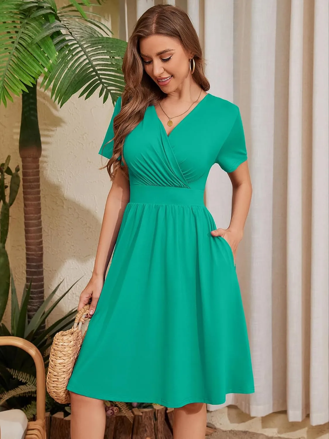 Heymoments Womens Summer Short Sleeve Casual Dresses V-Neck Midi Dress with Pockets S-2XL