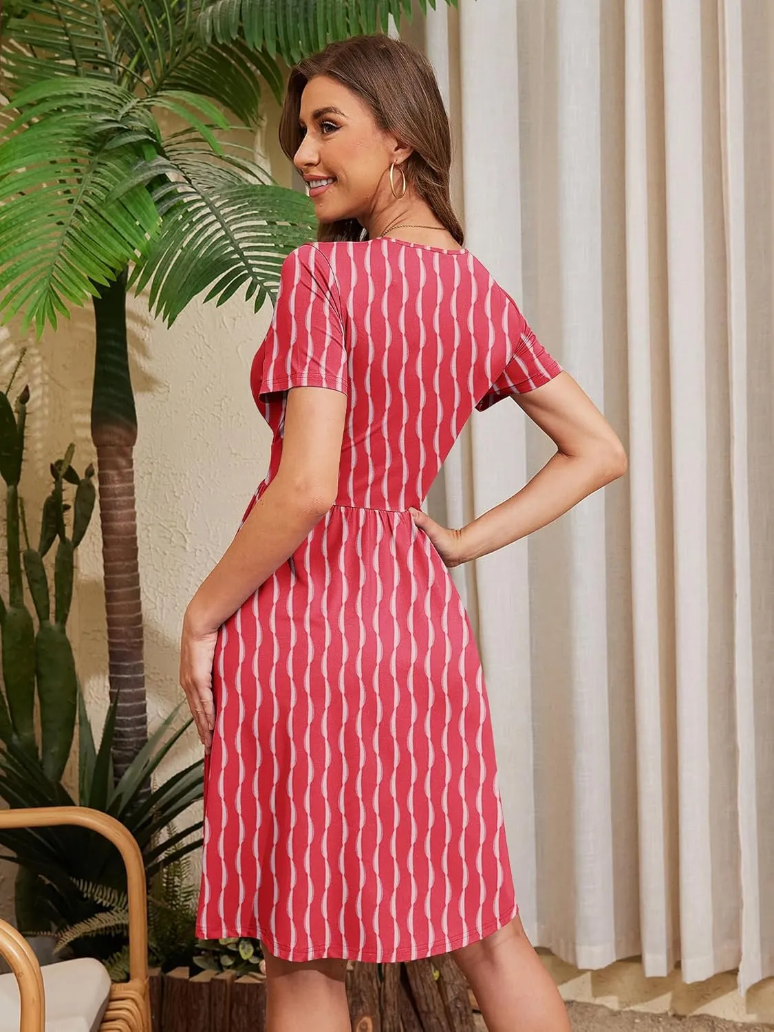 Heymoments Womens Summer Short Sleeve Casual Dresses V-Neck Midi Dress with Pockets S-2XL