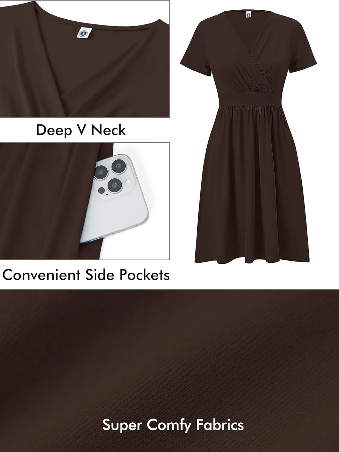 Heymoments Womens Summer Short Sleeve Casual Dresses V-Neck Midi Dress with Pockets S-2XL