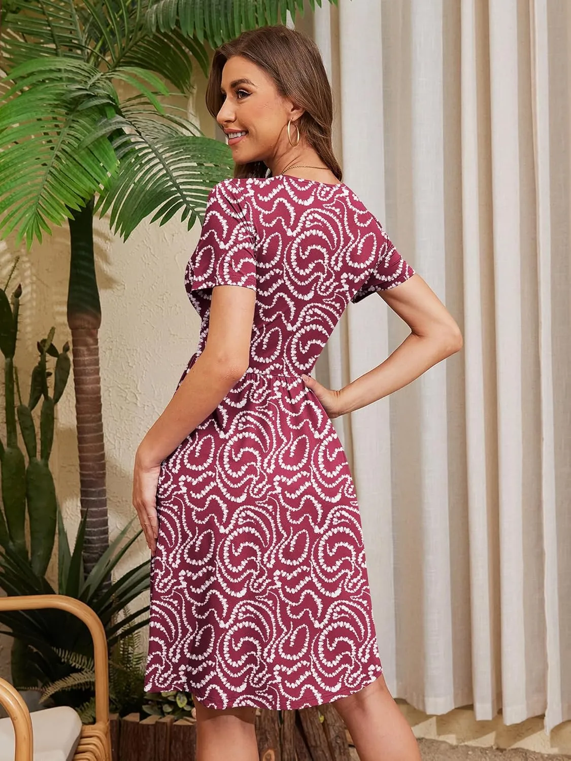 Heymoments Womens Summer Short Sleeve Casual Dresses V-Neck Midi Dress with Pockets S-2XL