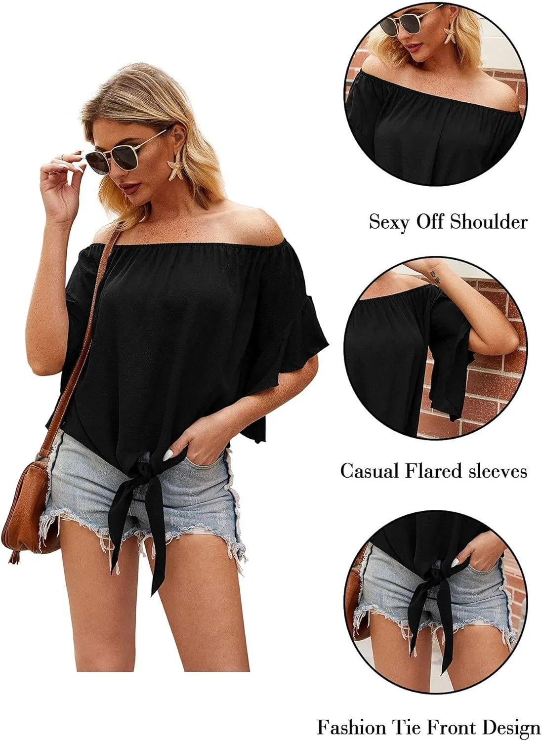 Hibluco Womens Off Shoulder Tops Sexy Floral Print Crop Tops Summer Blouses T-Shirt