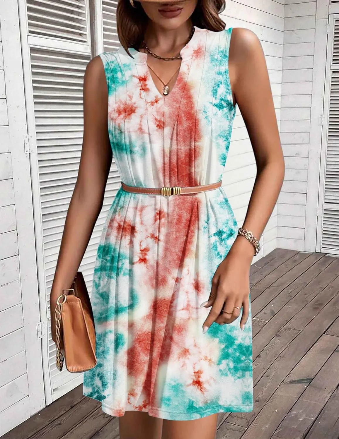 HOTOUCH Women Casual A-Line Dress with Pockets 2024 Sleeveless V Neck Pleated Sundress Loose T-Shirt Work Office Dresses