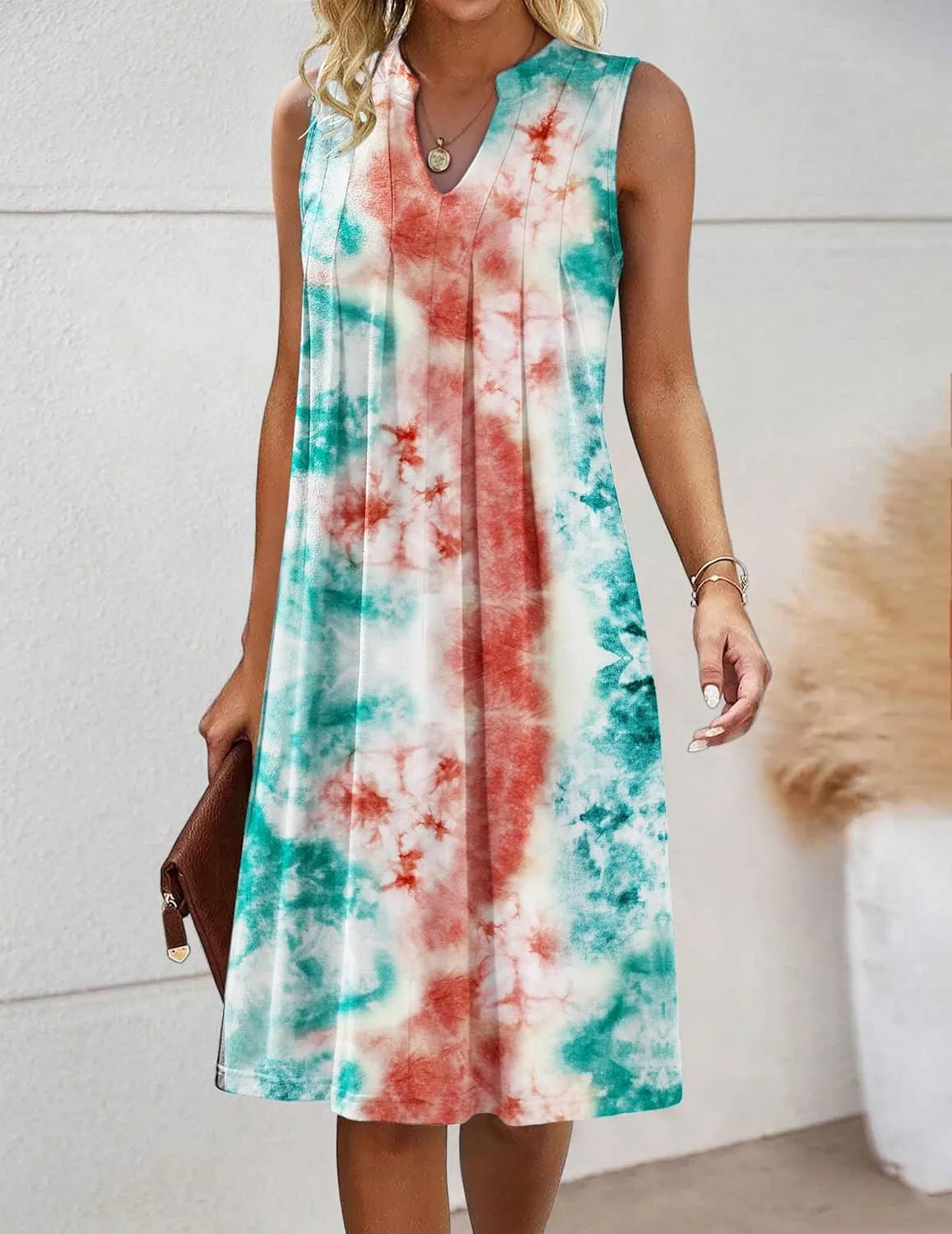 HOTOUCH Women Casual A-Line Dress with Pockets 2024 Sleeveless V Neck Pleated Sundress Loose T-Shirt Work Office Dresses