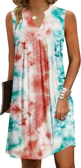 HOTOUCH Women Casual A-Line Dress with Pockets 2024 Sleeveless V Neck Pleated Sundress Loose T-Shirt Work Office Dresses