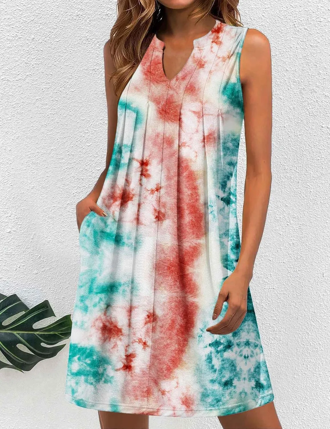 HOTOUCH Women Casual A-Line Dress with Pockets 2024 Sleeveless V Neck Pleated Sundress Loose T-Shirt Work Office Dresses