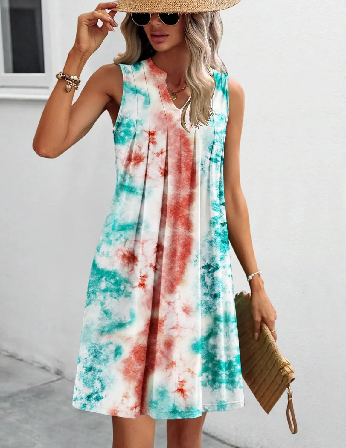 HOTOUCH Women Casual A-Line Dress with Pockets 2024 Sleeveless V Neck Pleated Sundress Loose T-Shirt Work Office Dresses