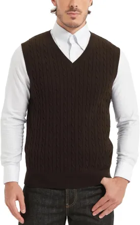 Kallspin Mens Cable Knit Sweater Vest Pure Cotton V-Neck Sleeveless Knitted Pullover for Fall Winter