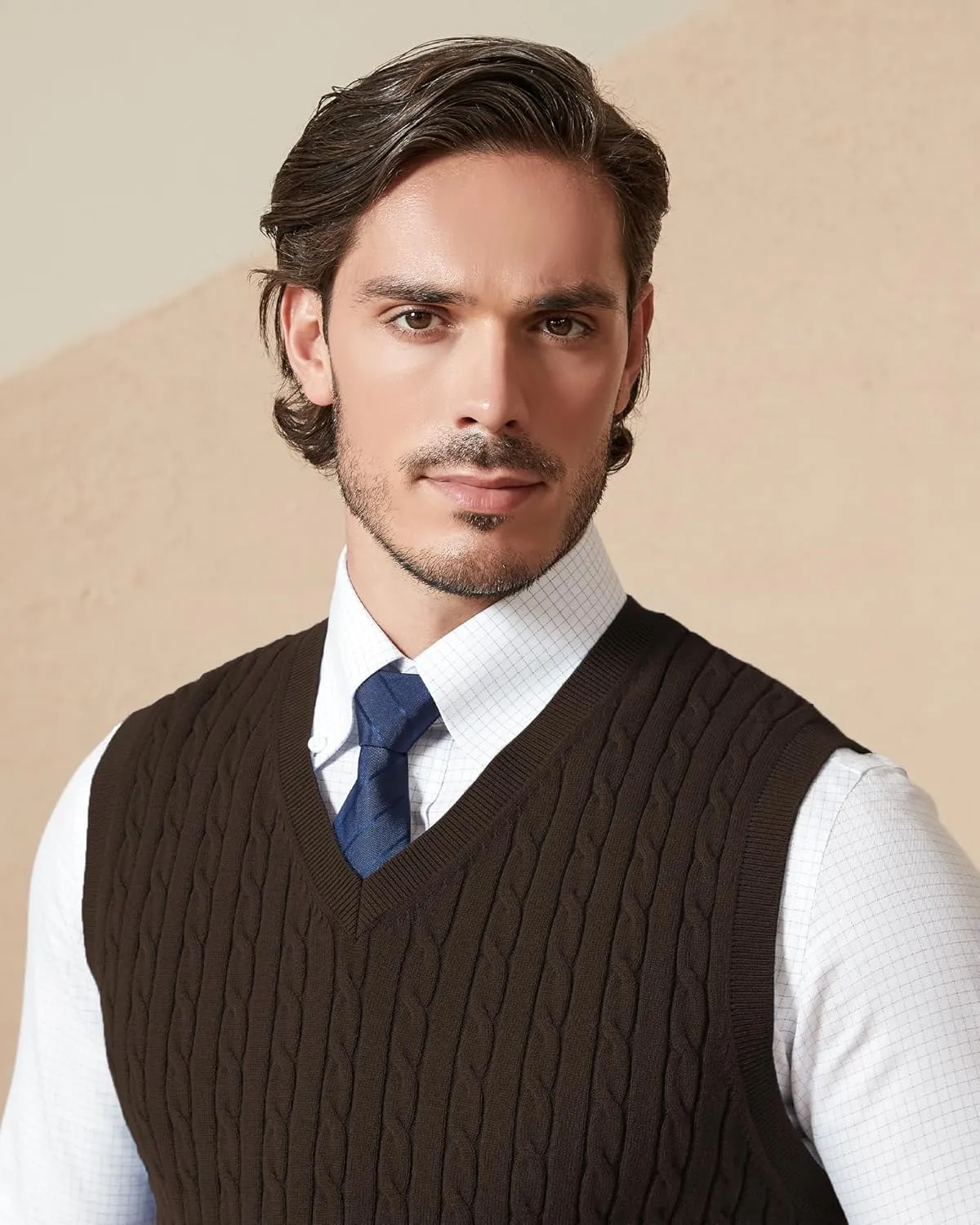 Kallspin Mens Cable Knit Sweater Vest Pure Cotton V-Neck Sleeveless Knitted Pullover for Fall Winter
