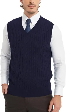 Kallspin Mens Cable Knit Sweater Vest Pure Cotton V-Neck Sleeveless Knitted Pullover for Fall Winter