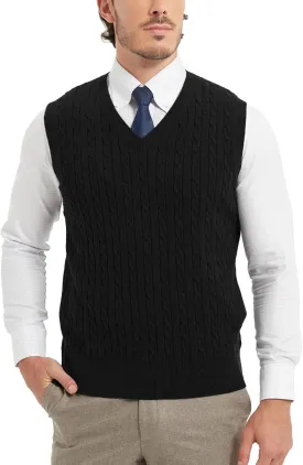 Kallspin Mens Cable Knit Sweater Vest Pure Cotton V-Neck Sleeveless Knitted Pullover for Fall Winter