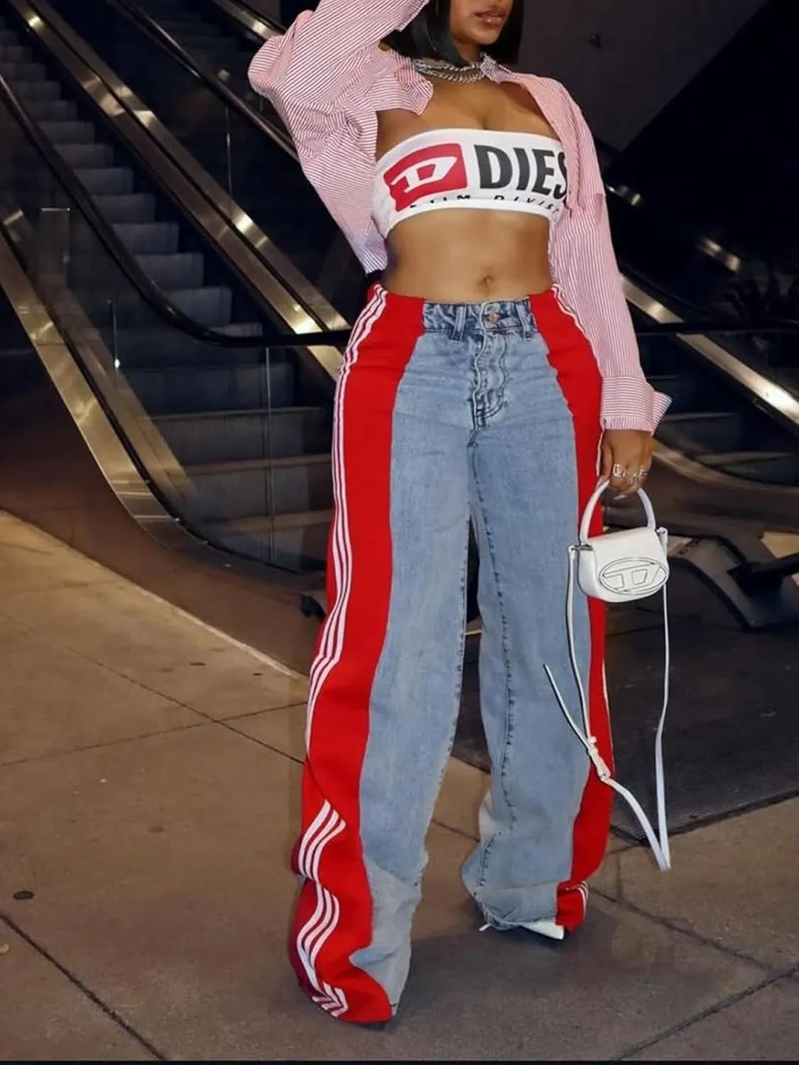 KANSOON Womens Jeans with Stretchy High Waisted Wide Leg Colorblock Patchwork Striped Trendy Streetwear Pants