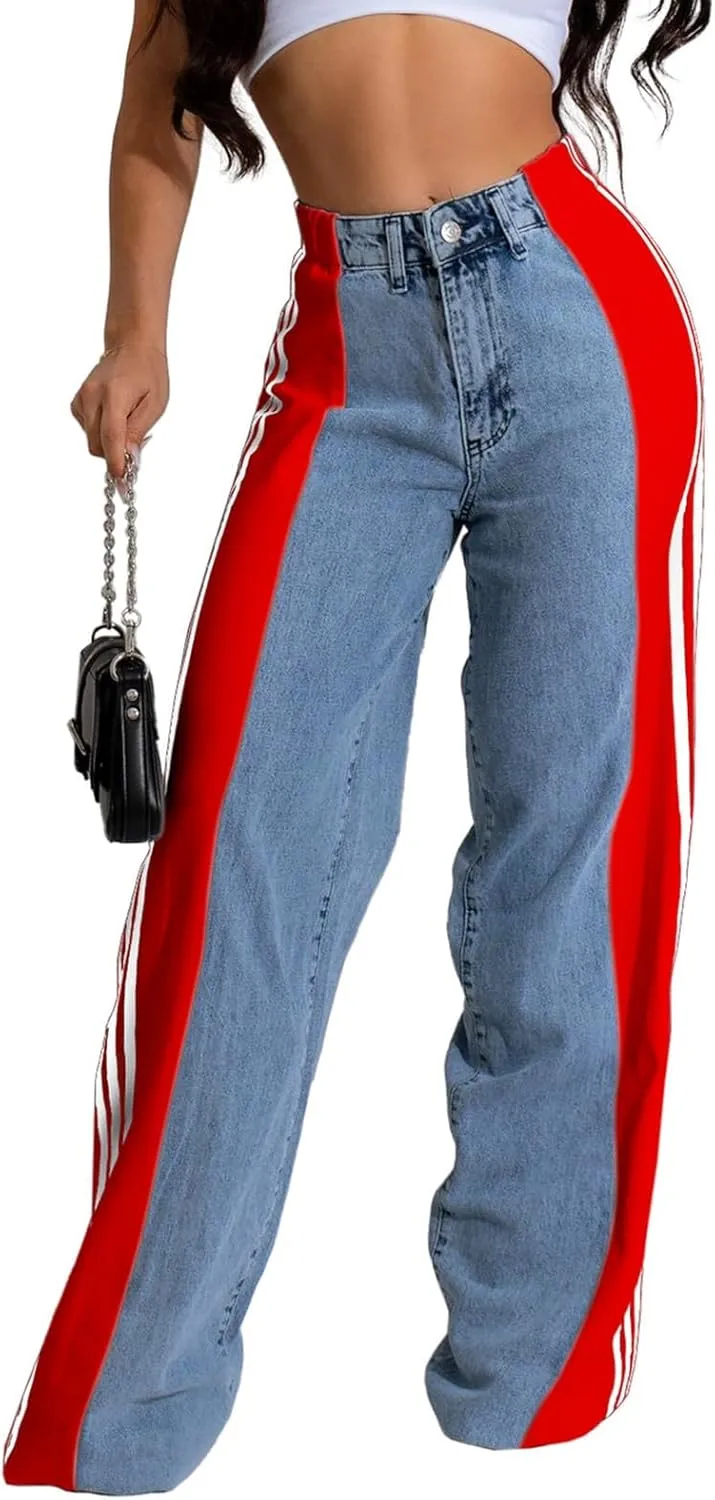 KANSOON Womens Jeans with Stretchy High Waisted Wide Leg Colorblock Patchwork Striped Trendy Streetwear Pants