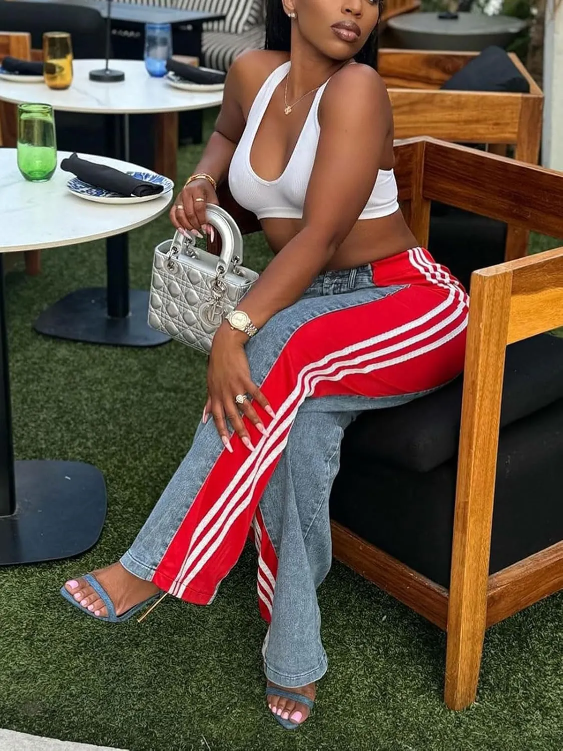 KANSOON Womens Jeans with Stretchy High Waisted Wide Leg Colorblock Patchwork Striped Trendy Streetwear Pants