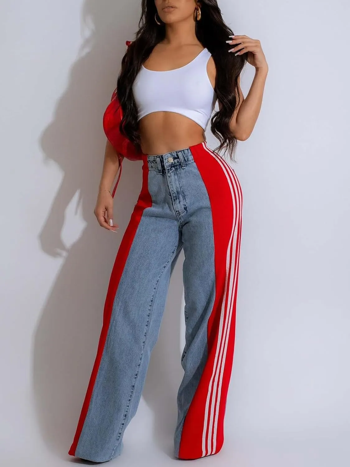 KANSOON Womens Jeans with Stretchy High Waisted Wide Leg Colorblock Patchwork Striped Trendy Streetwear Pants