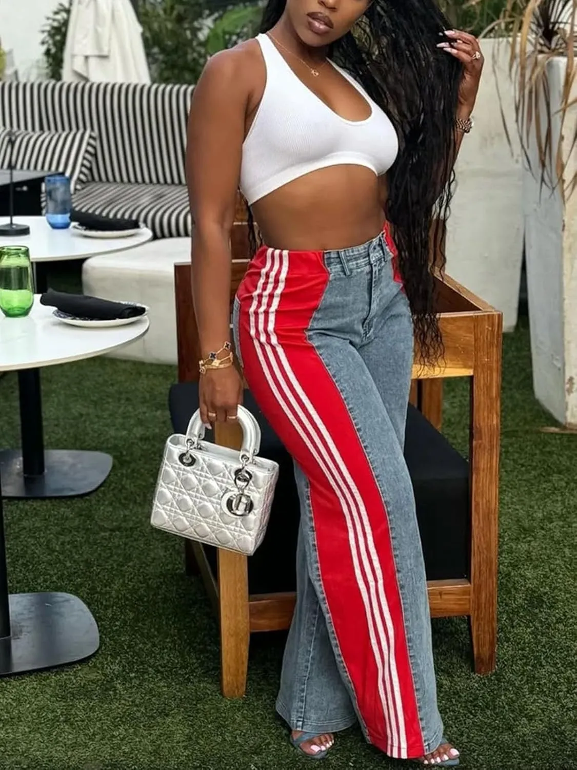 KANSOON Womens Jeans with Stretchy High Waisted Wide Leg Colorblock Patchwork Striped Trendy Streetwear Pants