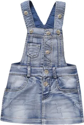 KIDSCOOL SPACE Baby Girls Overalls Jean Dress, Flower Embroidered Double Color Spliced Tulle Skirts