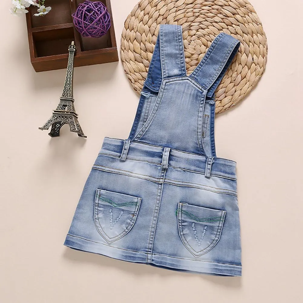 KIDSCOOL SPACE Baby Girls Overalls Jean Dress, Flower Embroidered Double Color Spliced Tulle Skirts