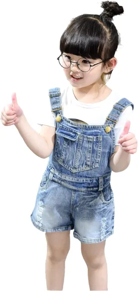 KIDSCOOL SPACE Baby Little Girl Jean Overalls,Big Ripped Denim Shortall