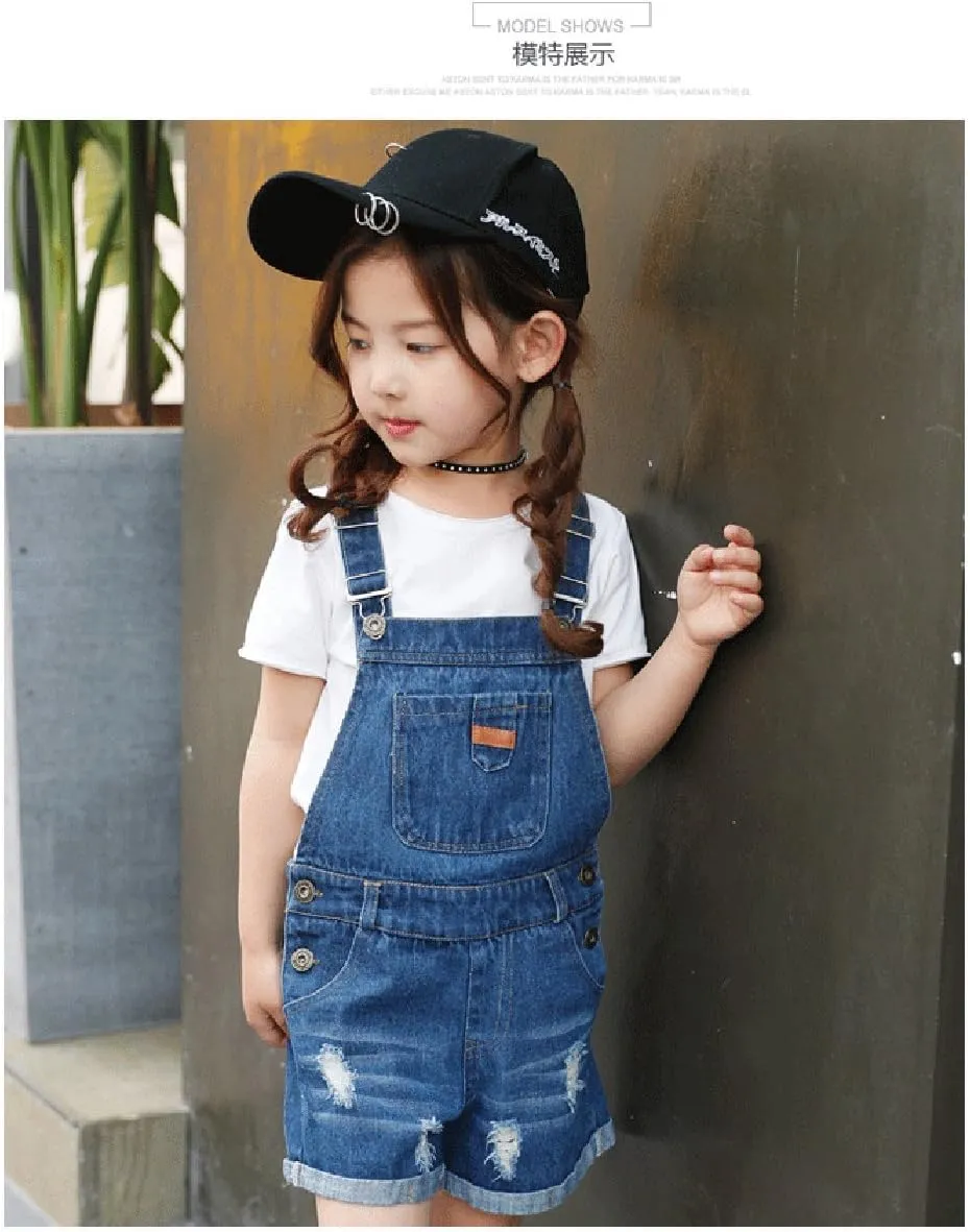 KIDSCOOL SPACE Baby Little Girl Jean Overalls,Big Ripped Denim Shortall