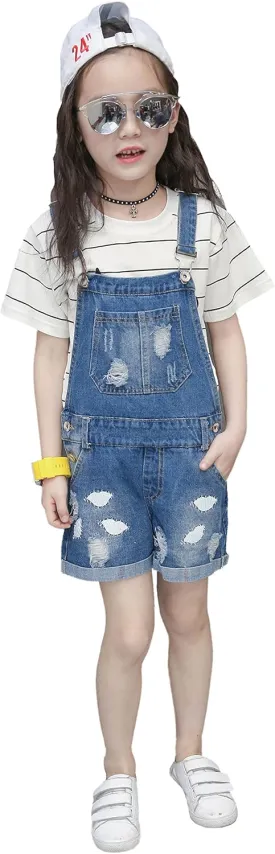 KIDSCOOL SPACE Baby Little Girl Jean Overalls,Big Ripped Denim Shortall