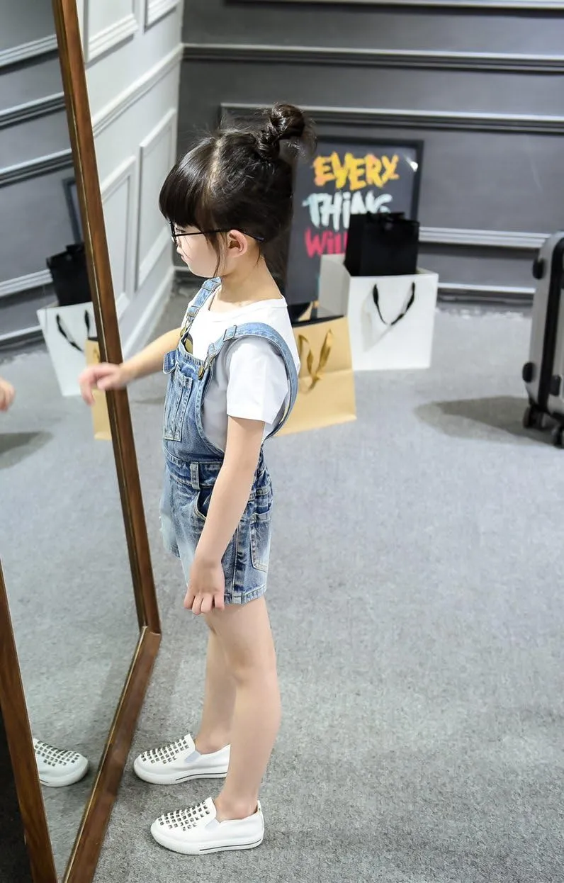 KIDSCOOL SPACE Baby Little Girl Jean Overalls,Big Ripped Denim Shortall