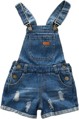 KIDSCOOL SPACE Baby Little Girl Jean Overalls,Big Ripped Denim Shortall