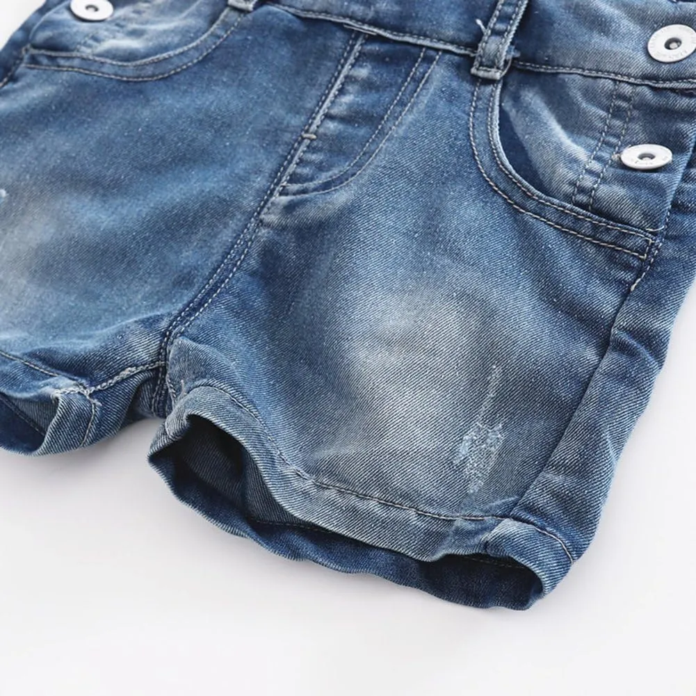 KIDSCOOL SPACE Baby Little Girl Jean Overalls,Big Ripped Denim Shortall