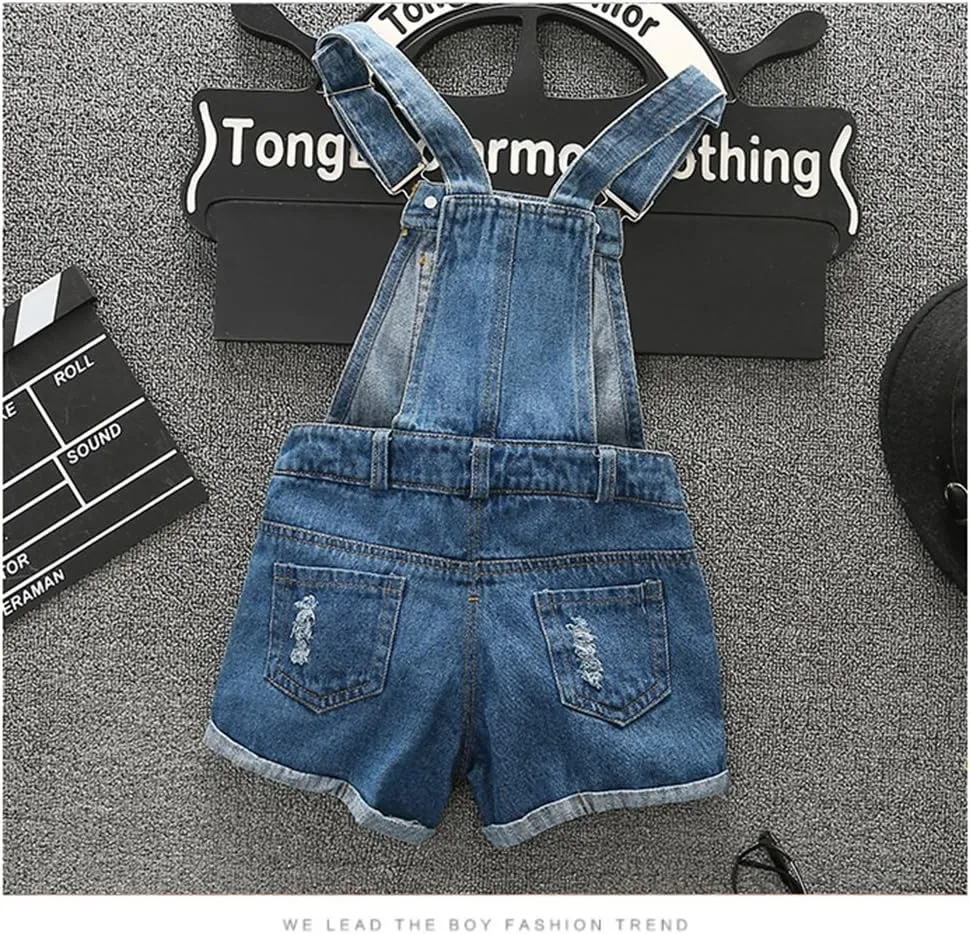 KIDSCOOL SPACE Baby Little Girl Jean Overalls,Big Ripped Denim Shortall