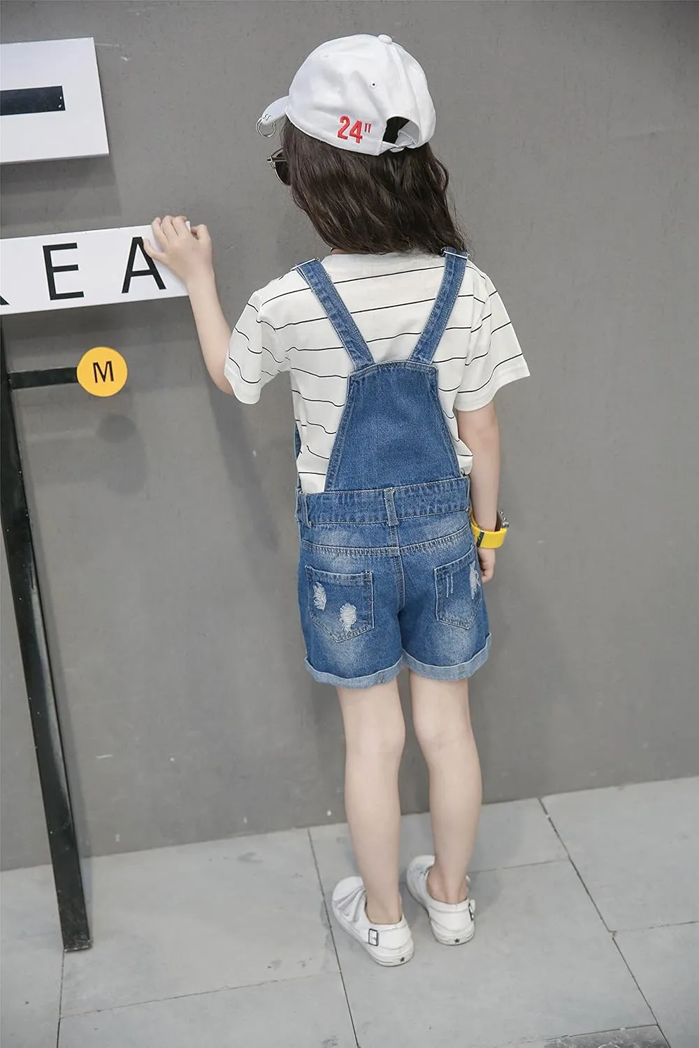 KIDSCOOL SPACE Baby Little Girl Jean Overalls,Big Ripped Denim Shortall