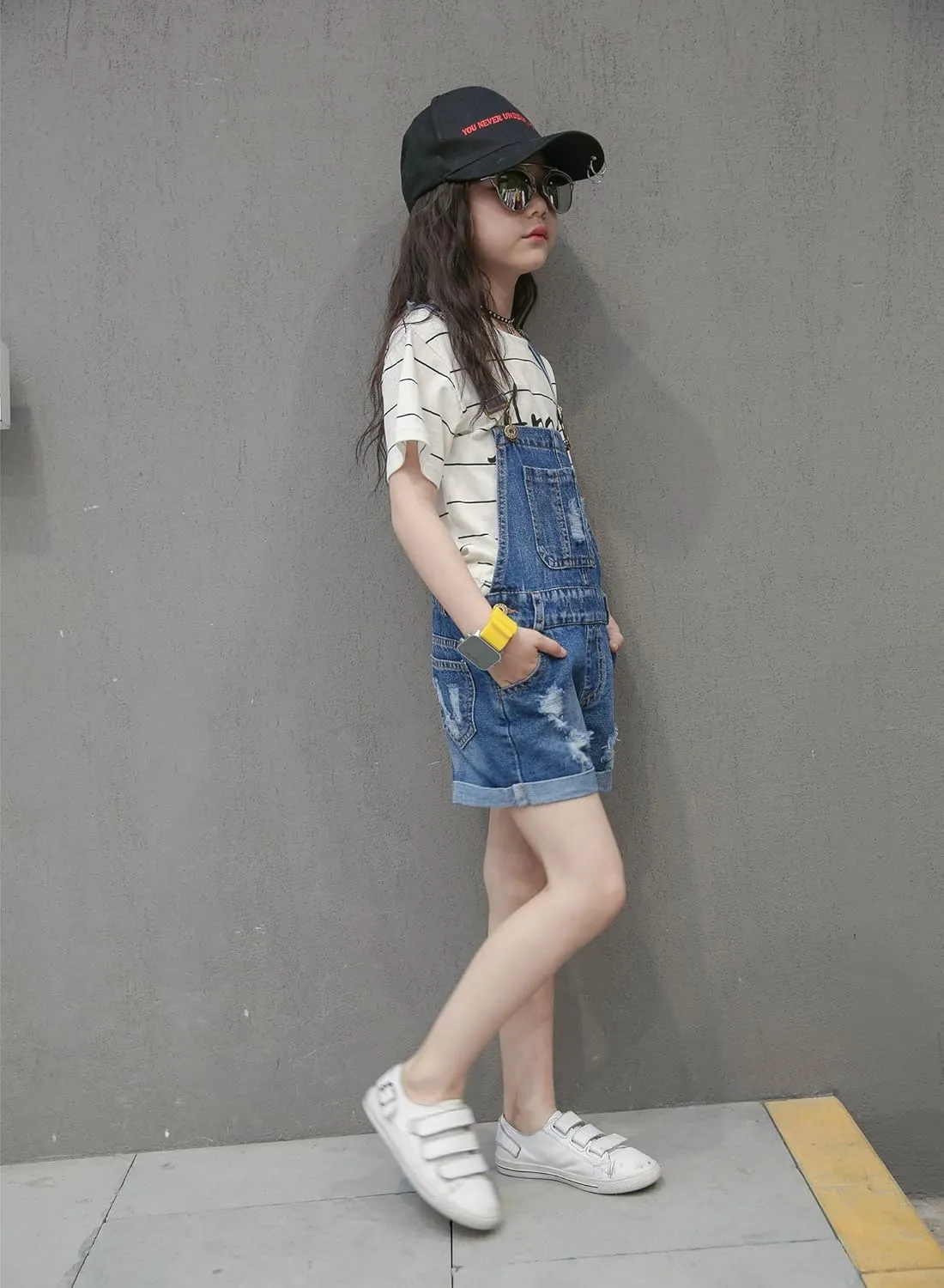 KIDSCOOL SPACE Baby Little Girl Jean Overalls,Big Ripped Denim Shortall