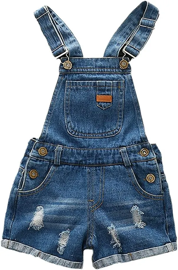KIDSCOOL SPACE Baby Little Girl Jean Overalls,Big Ripped Denim Shortall