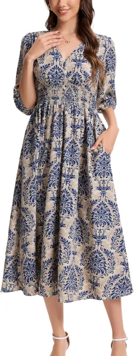 Kormei Women Casual Boho V Neck 3/4 Sleeve Smocked Waist A Line Flowy Swing Midi Dress Smocked Long Dress
