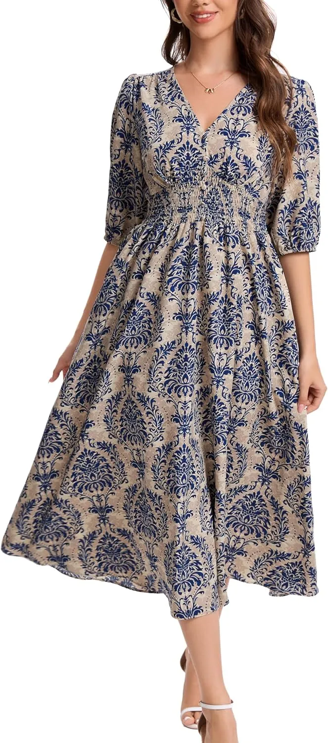 Kormei Women Casual Boho V Neck 3/4 Sleeve Smocked Waist A Line Flowy Swing Midi Dress Smocked Long Dress