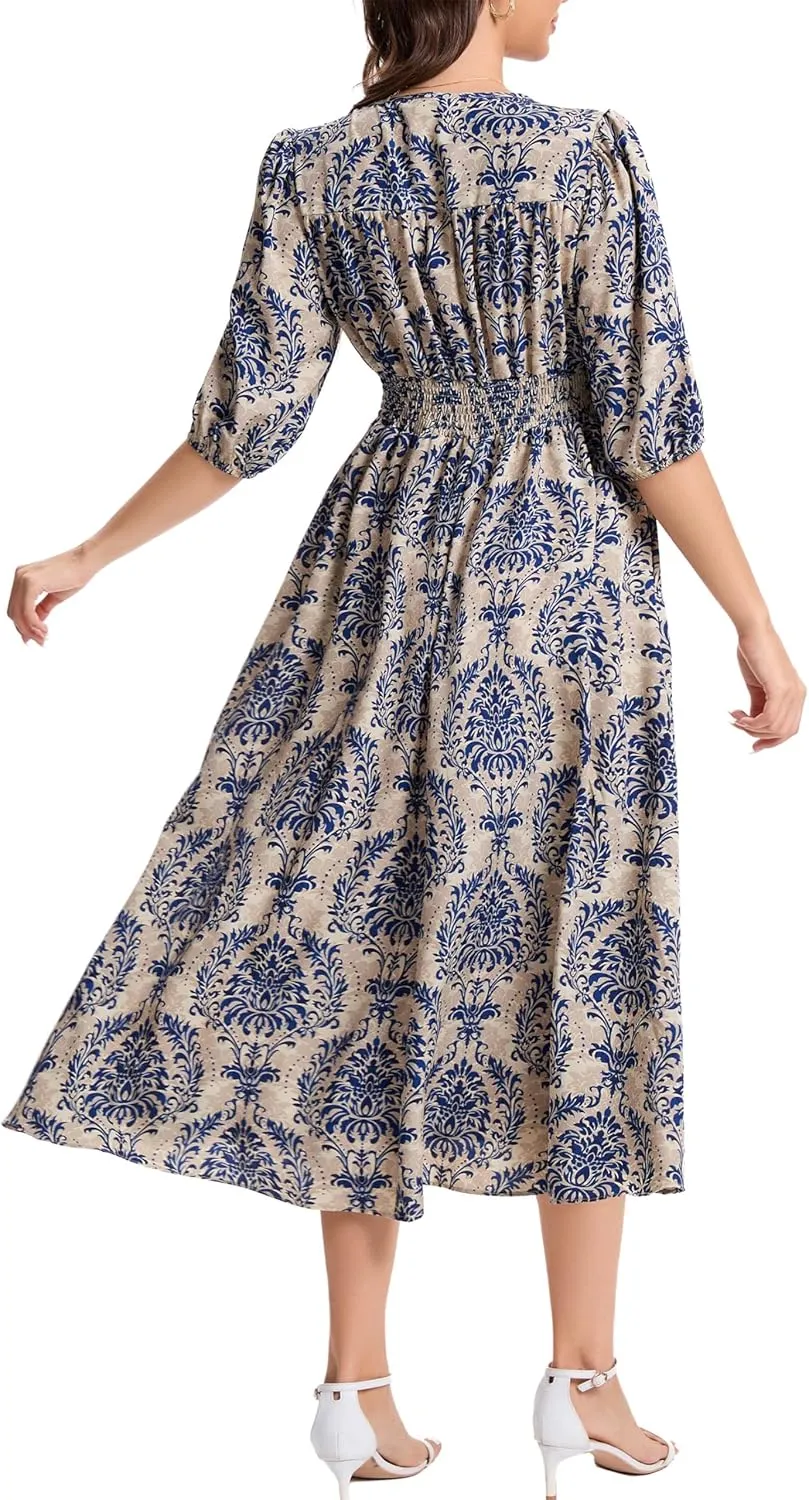 Kormei Women Casual Boho V Neck 3/4 Sleeve Smocked Waist A Line Flowy Swing Midi Dress Smocked Long Dress