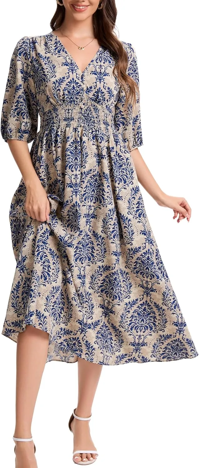 Kormei Women Casual Boho V Neck 3/4 Sleeve Smocked Waist A Line Flowy Swing Midi Dress Smocked Long Dress
