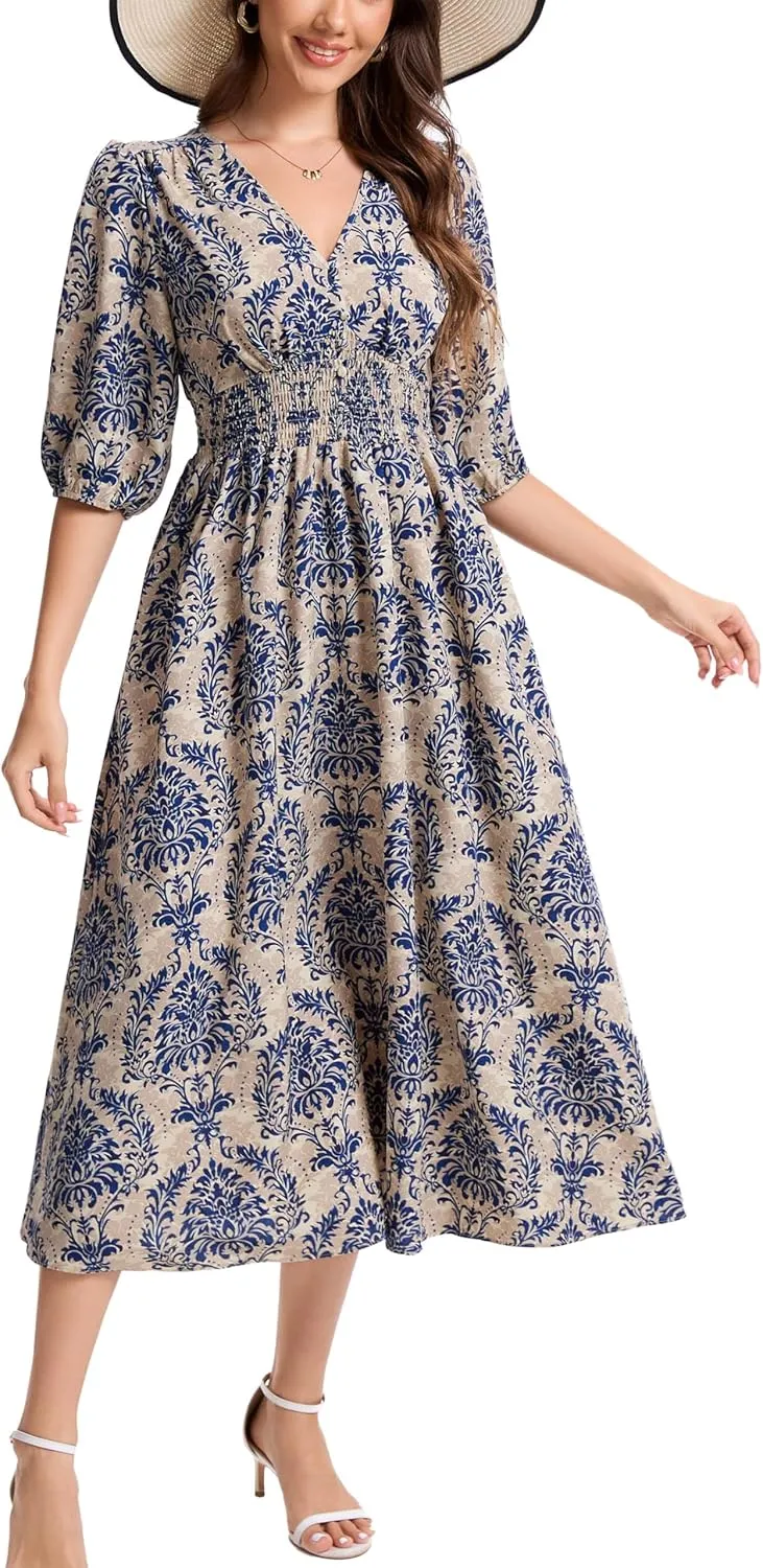 Kormei Women Casual Boho V Neck 3/4 Sleeve Smocked Waist A Line Flowy Swing Midi Dress Smocked Long Dress
